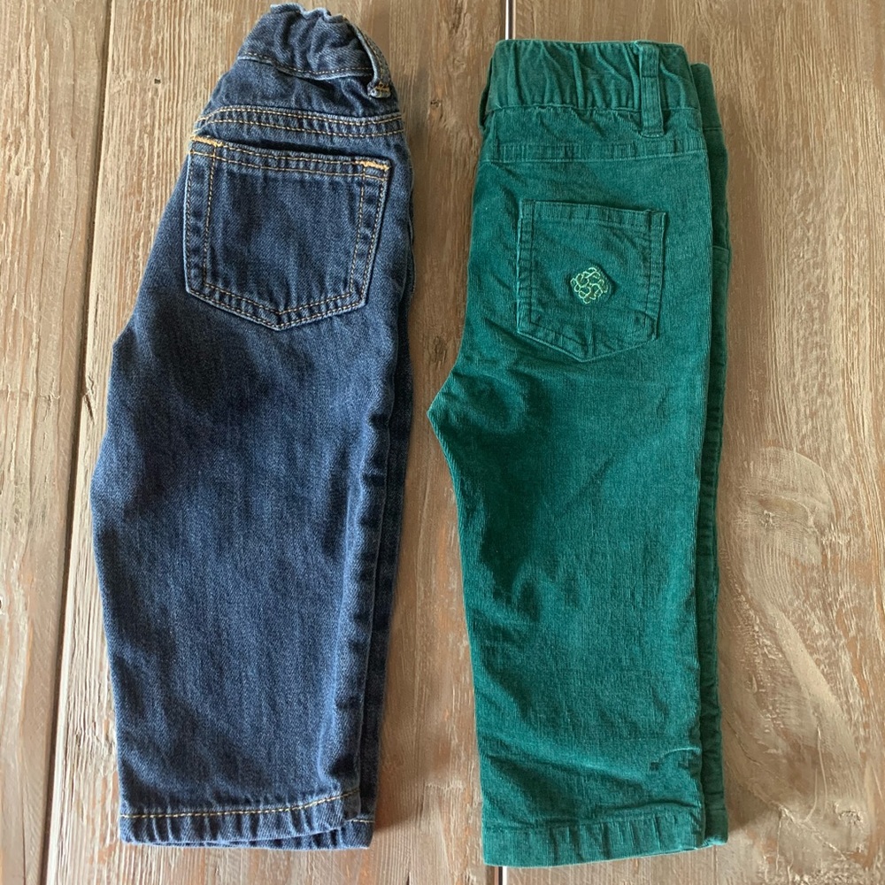 Baby boy pants, green corduroys and blue jeans